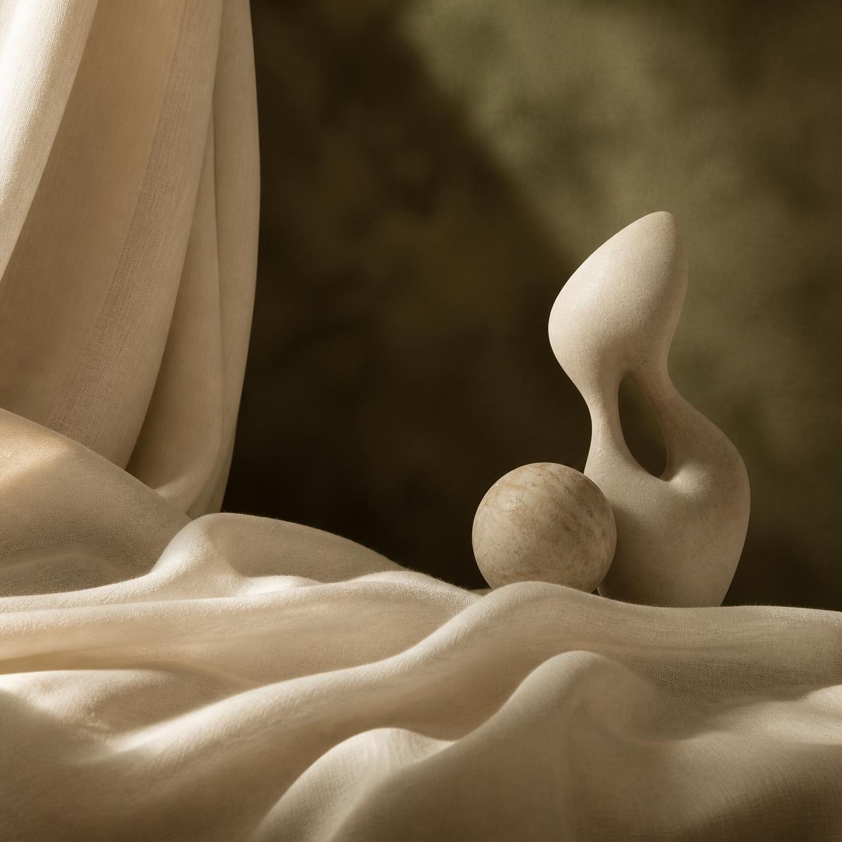 Soft sculptural forms in bone and olive tones