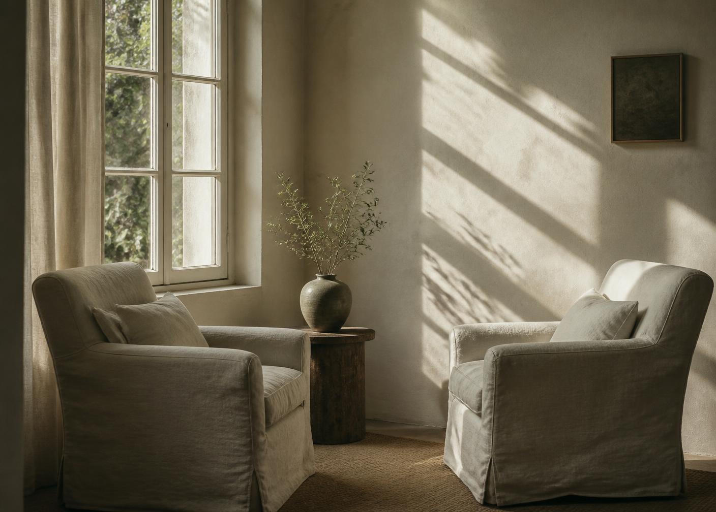 Two linen chairs facing each other beside a window